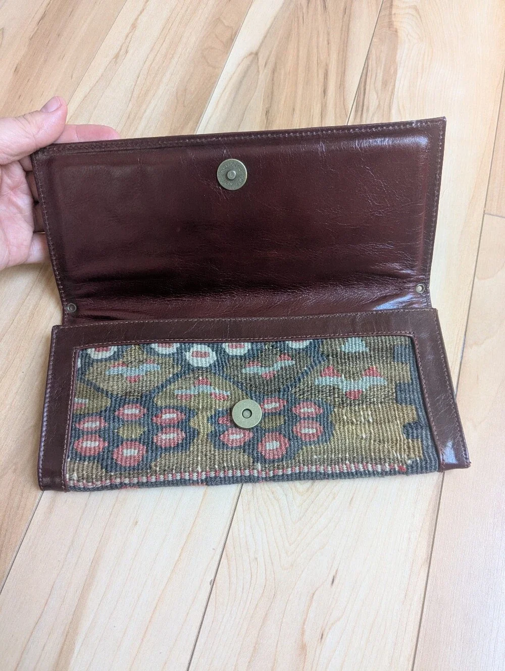 Turkish Wool Kilim Brown Leather Wallet Clutch Bag